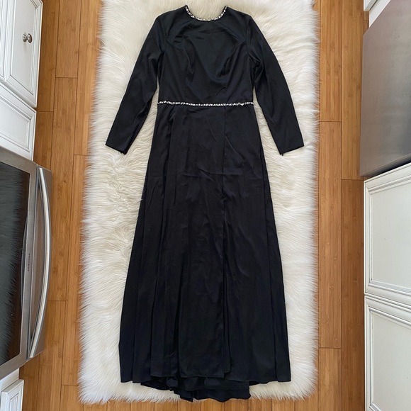 Mac Duggal Black Satin Long Sleeve Silver Rhinestone Trim Open Back Gown 26524 - Picture 2 of 14